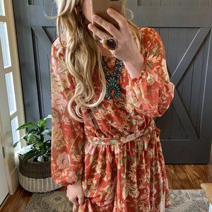 New PLUS SIZE Floral Flowy Long Sleeve Knee Length Floral Party Dress